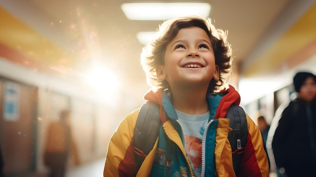 Criança enérgica de pé num corredor da escola iluminado pelo sol