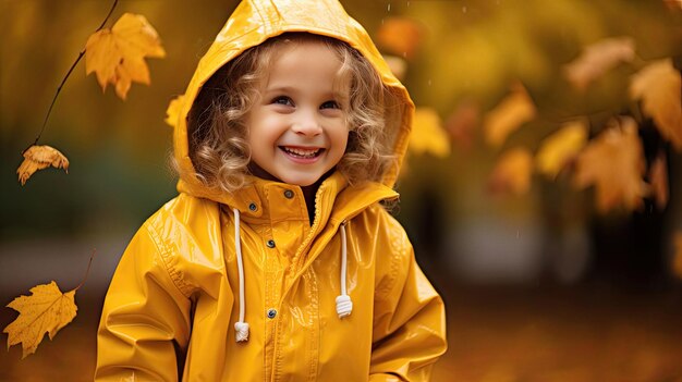 Criança engraçada e fofa aproveitando o tempo chuvoso de outono na capa de chuva sazonal