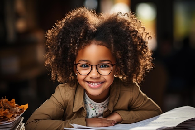 criança engraçada sorridente escola menina feliz com óculos segurar livros gerado com IA
