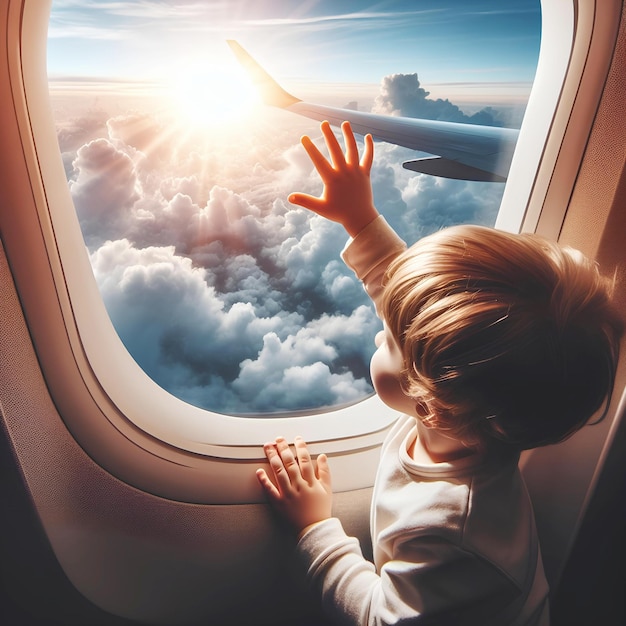 criança estende a mão para o céu significando curiosidade e admiração durante o voo de avião com nuvens
