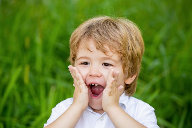 Criança expressando surpresa com as mãos no rosto Sorridente menino surpreso ou surpreso Menino chocado e surpreso Menino engraçado com as mãos perto do rosto isolado em fundo verde