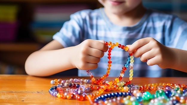 Criança fazendo artesanato com contas um colar de cores e criatividade na fabricação