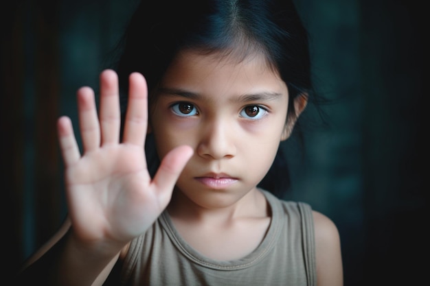 Criança fazendo um gesto de parada promovendo a proteção da criança Juntos podemos fortalecer