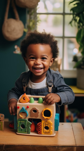 Criança feliz a brincar com um brinquedo IA generativa