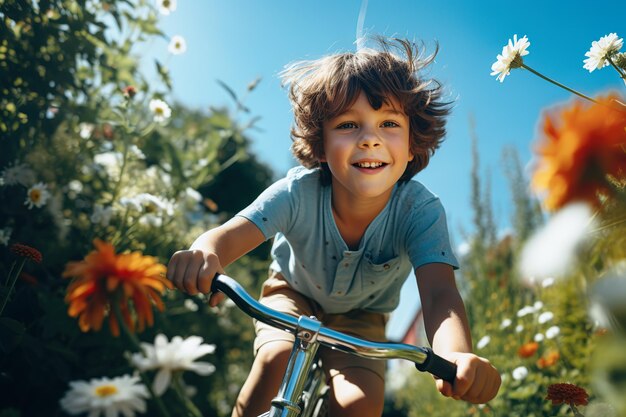 Criança feliz andando de bicicleta no parque no verão Generative Ai