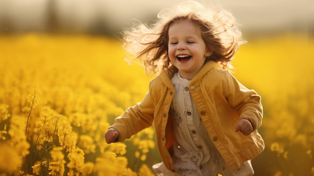 Criança feliz brincando ao ar livre na primavera