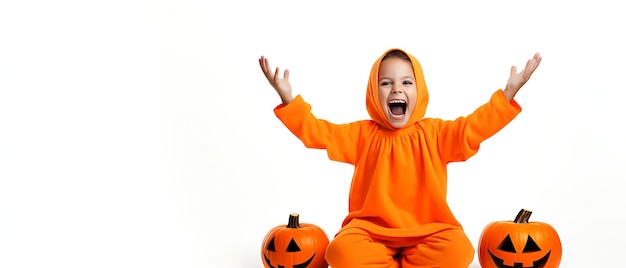 criança feliz celebração do fundo infantil da festa de halloween com espaço de cópia