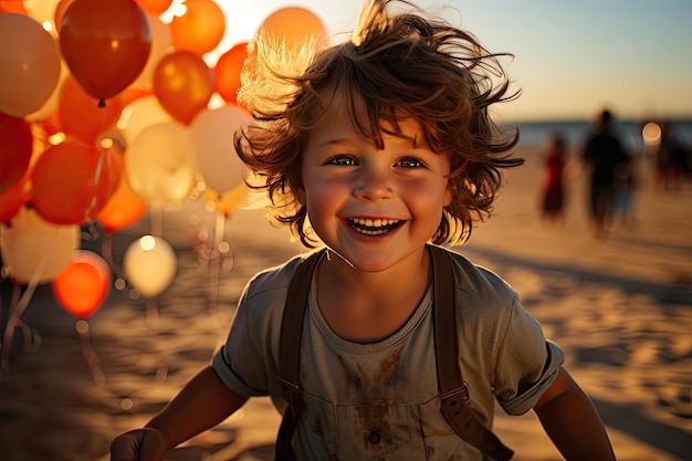 Criança feliz com balão na praia ao pôr do sol gerador IA