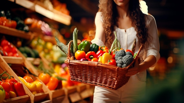 criança feliz com carrinho de compras na loja de vegetais