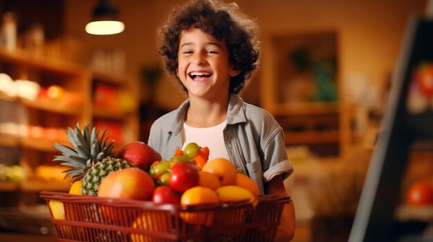 criança feliz com carrinho de compras na loja de vegetais