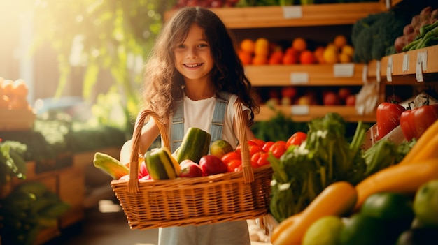 criança feliz com carrinho de compras na loja de vegetais