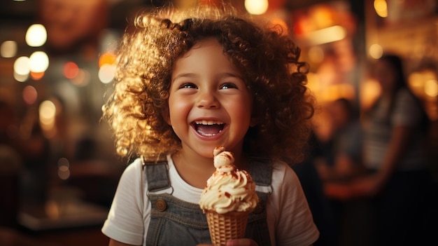 Foto criança feliz com sorvete na noite da cidade