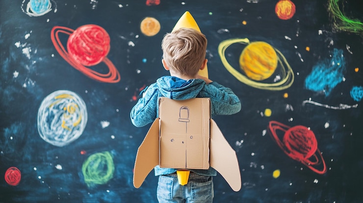 Foto criança feliz com um foguete de papelão na parte de trás com um desenho do universo espacial e dos planetas