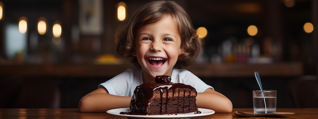 Criança feliz come bolo de chocolate
