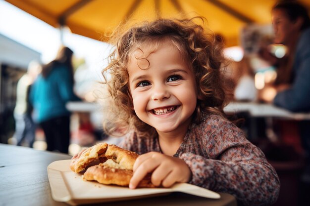 Criança feliz comendo um biscoito em um café