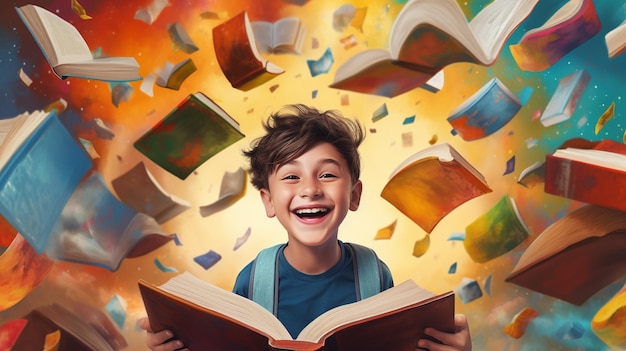 Criança feliz de ler livros com fundos coloridos