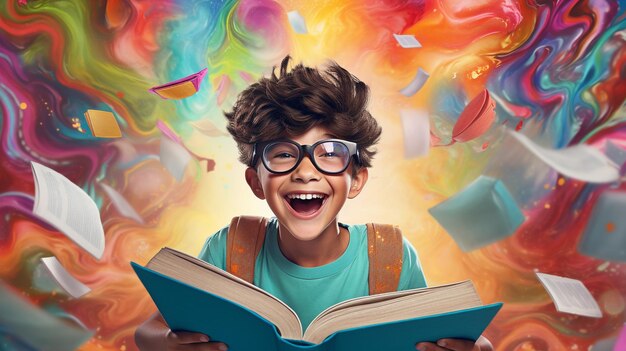 Foto criança feliz de ler livros em fundos coloridos