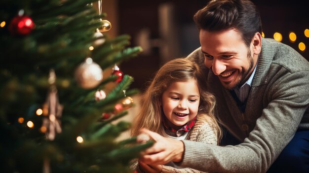 Criança feliz decorando árvore de Natal com brinquedos de Ano Novo junto com os pais em casa