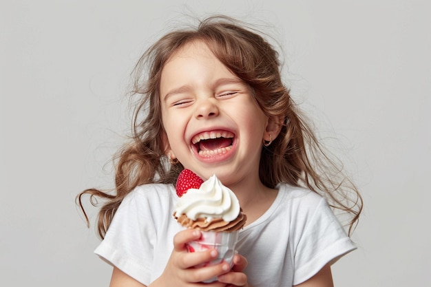 Criança feliz desfrutando de uma xícara de sorvete com IA gerada