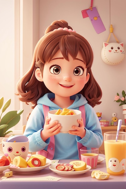 Garota feliz e fofa, crianças kawaii, ilustração de personagem de desenho  animado desenhada à mão