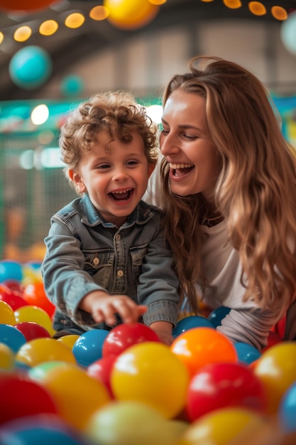 Criança feliz e mãe se divertindo no poço de bolas na festa de aniversário das crianças