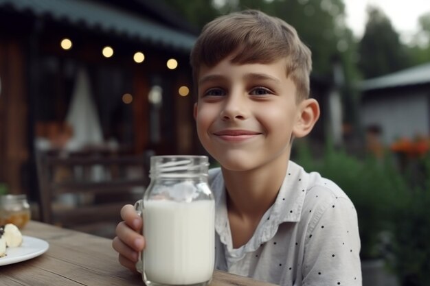 Criança feliz e saudável bebendo leite fresco na fazenda menino sorridente generativo ai