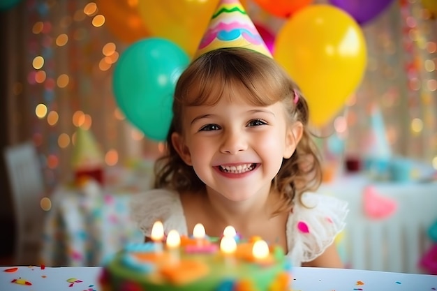 Criança feliz e sorridente comemora seu aniversário