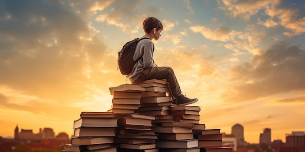 Criança feliz e trabalhadora senta-se em uma torre de livros contra o pano de fundo do céu pôr do sol