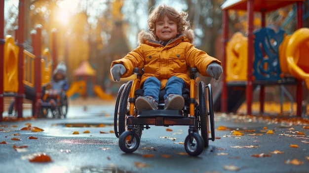Foto criança feliz em cadeira de rodas envolvendo-se com amigos no parque equipamento de playground colorido igualdade e alegria luz da tarde ai generativa