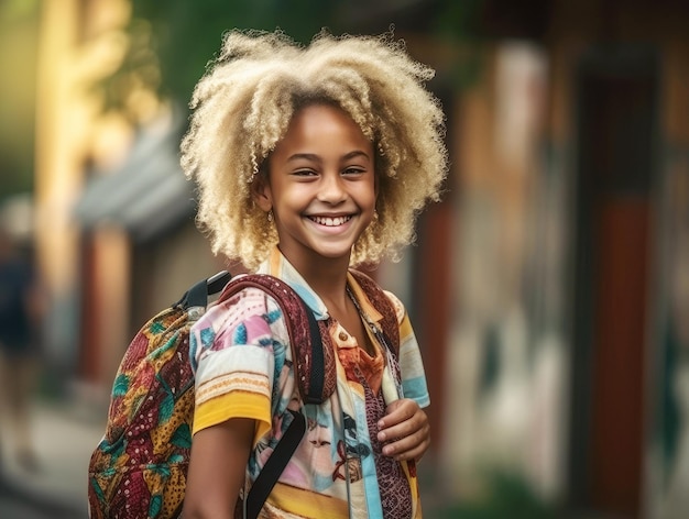 Criança feliz indo para a escola com novos livros e notebooks IA generativa