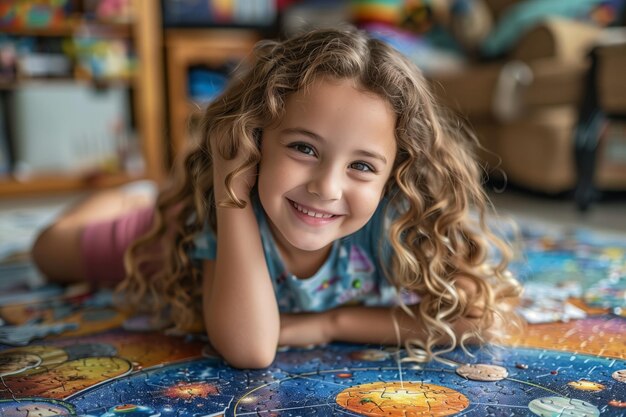 Criança feliz jogando quebra-cabeça dentro de casa