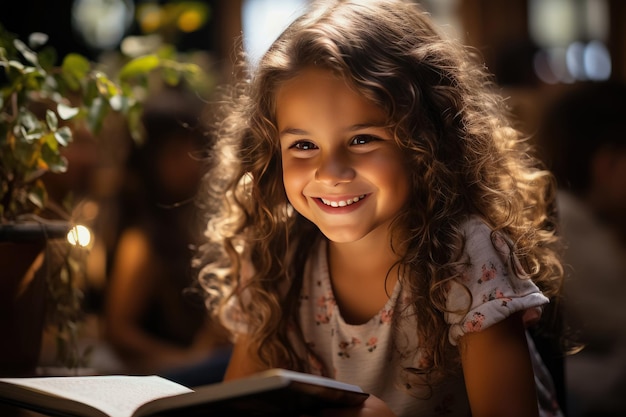 Criança feliz lendo um livro e sorrindo em casa Lendo uma história sentada no sofá em casa Criado com IA generativa