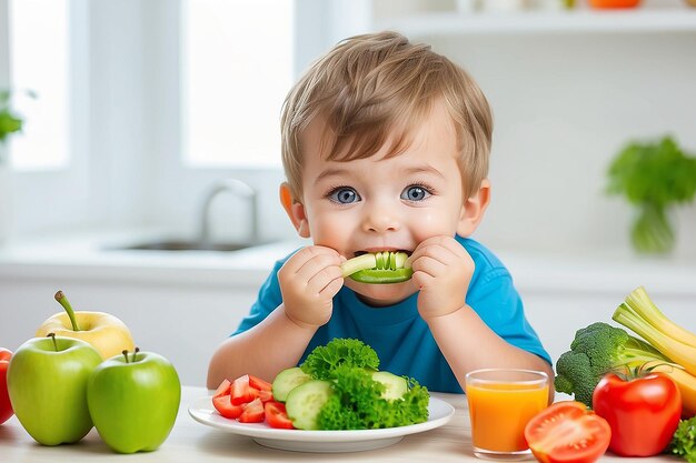 Criança feliz, menino. Come comida saudável.