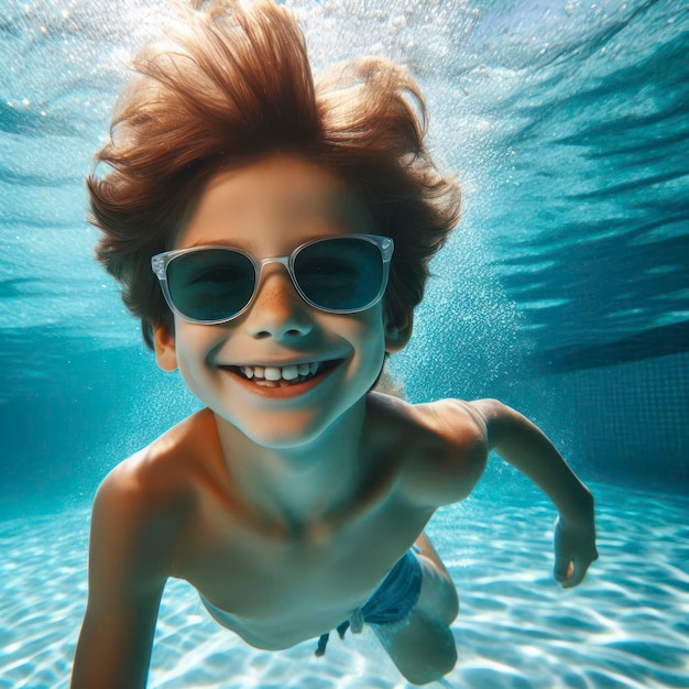 Criança feliz nadando debaixo d'água e se divertindo infância feliz e férias de verão ai generativo