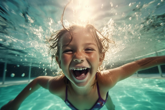 Criança feliz nadando na piscina