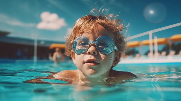 criança feliz numa piscina