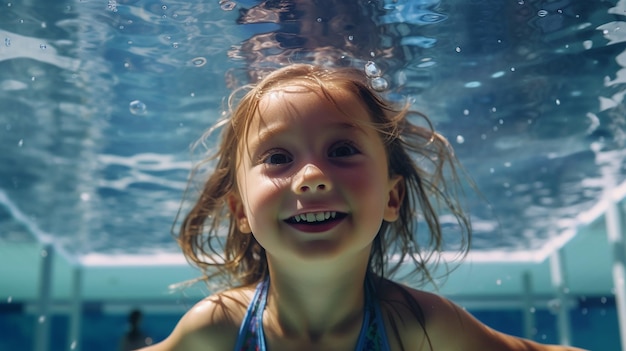 criança feliz numa piscina