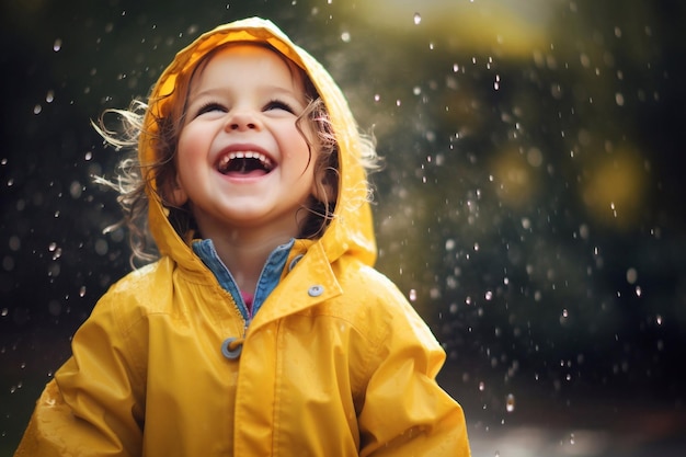 criança feliz pega gotas de chuva no parque de primavera em casaco amarelo