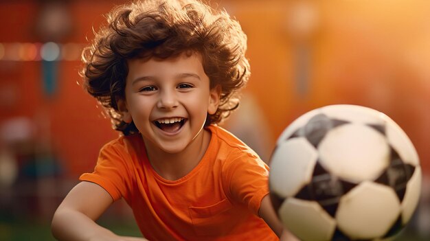 Foto criança feliz segurando uma bola de futebol isolada em um fundo laranja