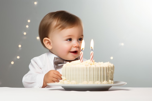 criança feliz soprando duas velas em um bolo em uma festa de aniversário