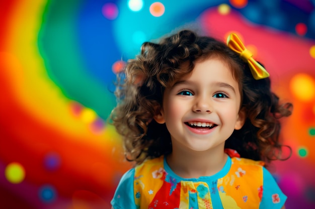 Criança feliz sorridente Retrato de uma criança alegre em um fundo colorido gerado por IA