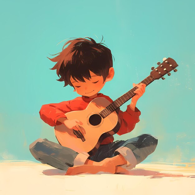 Criança feliz tocando guitarra