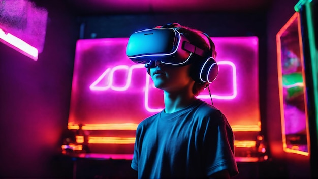 Criança feliz usando óculos VR gerados com IA
