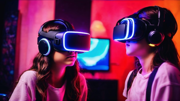 Criança feliz usando óculos VR gerados com IA