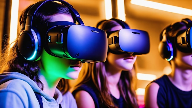 Criança feliz usando óculos VR gerados com IA