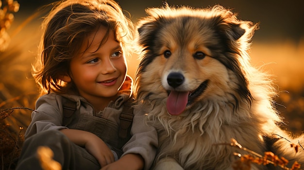 Criança fofa abraça cachorro pequeno retratando amor e inocência