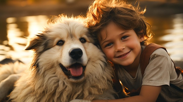 Criança fofa abraça cachorro pequeno retratando amor e inocência