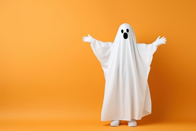 Criança fofa com fantasia vestida de branco fantasma de Halloween assustador, tiro de estúdio isolado em fundo amarelo