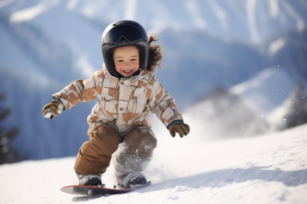 Criança fofa praticando snowboard descendo a encosta