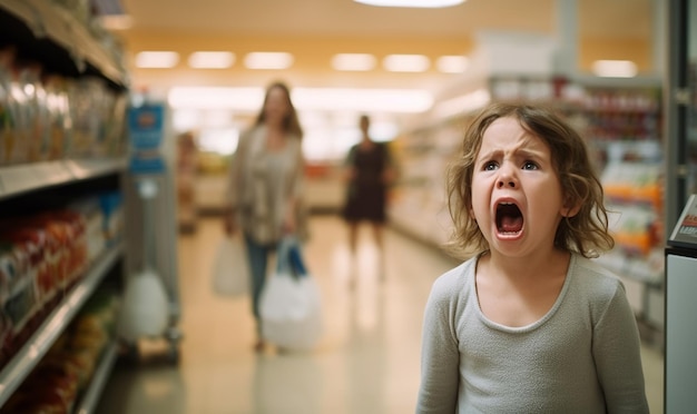Criança histérica perturbada a chorar alto enquanto manipula os pais e está de pé contra a barraca de comida em